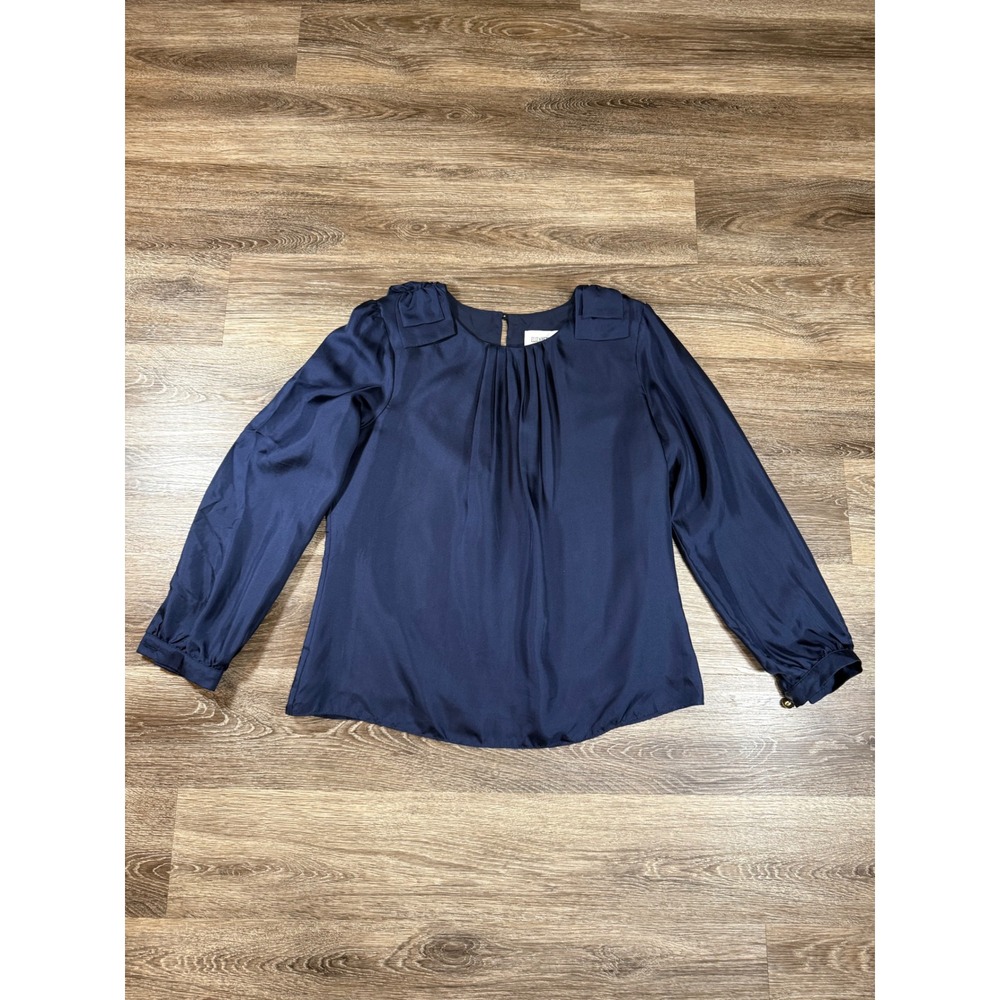 Elizabeth McKay Blouse Women's 10 Navy Blue Pleated Bow Shoulder Long Sleeve Top